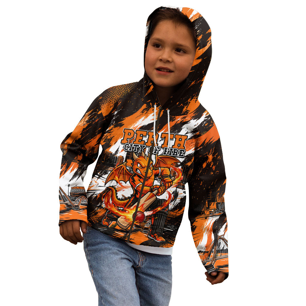 Personalised Perth Scorchers Cricket Fan Pride Kid Hoodie Dynamic Flaming Dragon Art With Perth City Skyline