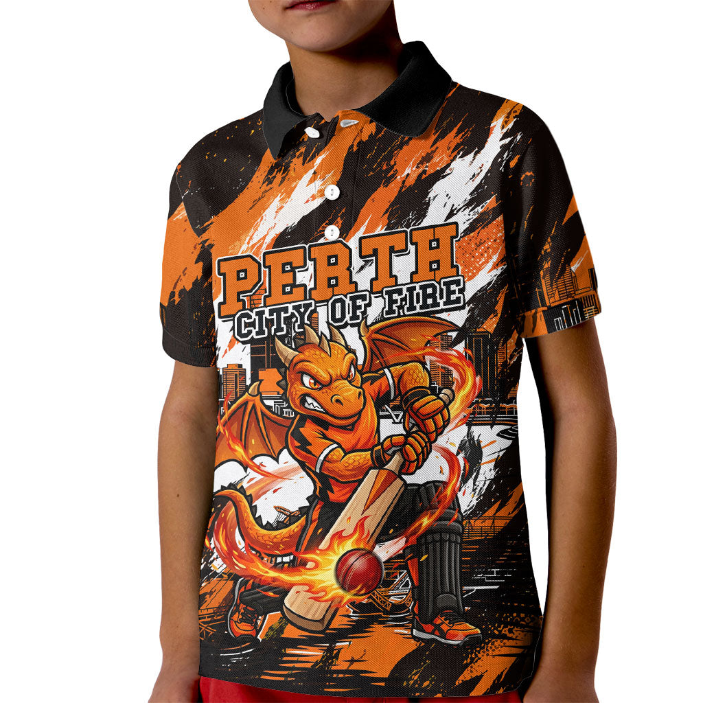 Personalised Perth Scorchers Cricket Fan Pride Kid Polo Shirt Dynamic Flaming Dragon Art With Perth City Skyline