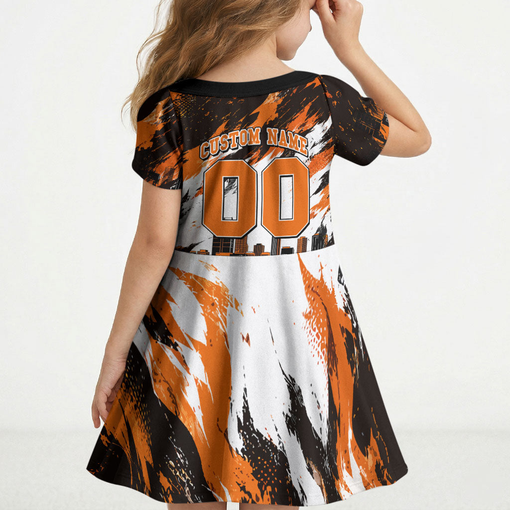 Personalised Perth Scorchers Cricket Fan Pride Kid Short Sleeve Dress Dynamic Flaming Dragon Art With Perth City Skyline