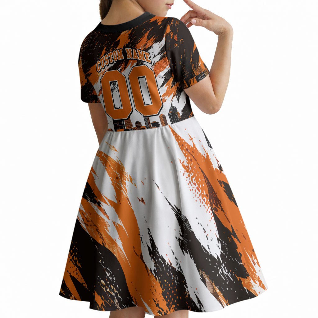 Personalised Perth Scorchers Cricket Fan Pride Kid Short Sleeve Dress Dynamic Flaming Dragon Art With Perth City Skyline
