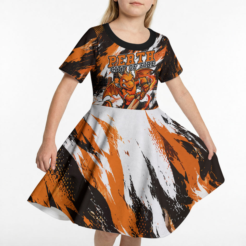 Personalised Perth Scorchers Cricket Fan Pride Kid Short Sleeve Dress Dynamic Flaming Dragon Art With Perth City Skyline