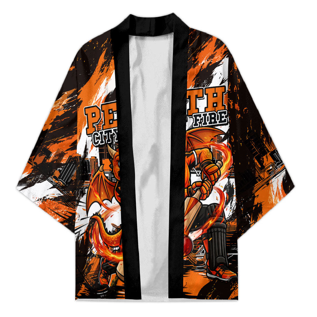 Personalised Perth Scorchers Cricket Fan Pride Kimono Dynamic Flaming Dragon Art With Perth City Skyline