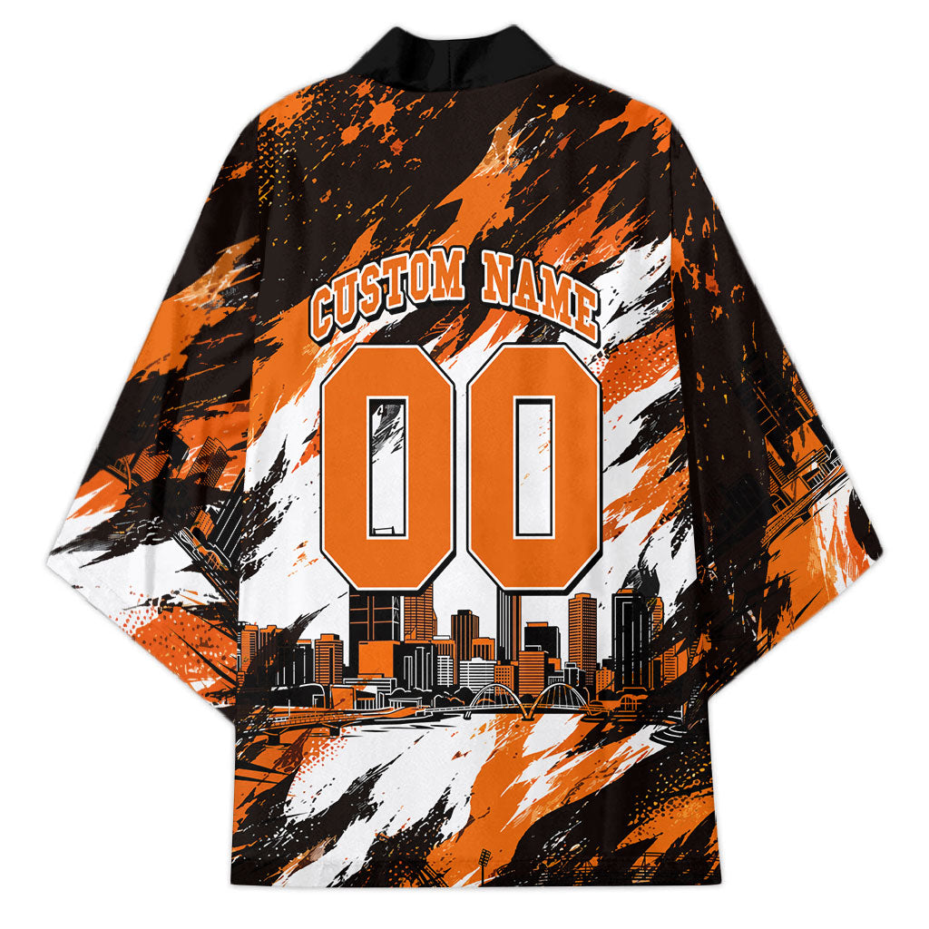 Personalised Perth Scorchers Cricket Fan Pride Kimono Dynamic Flaming Dragon Art With Perth City Skyline