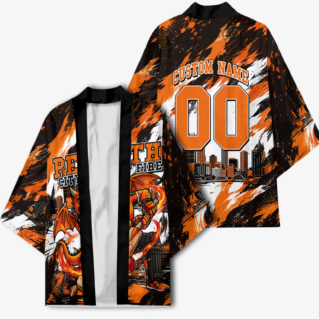 Personalised Perth Scorchers Cricket Fan Pride Kimono Dynamic Flaming Dragon Art With Perth City Skyline