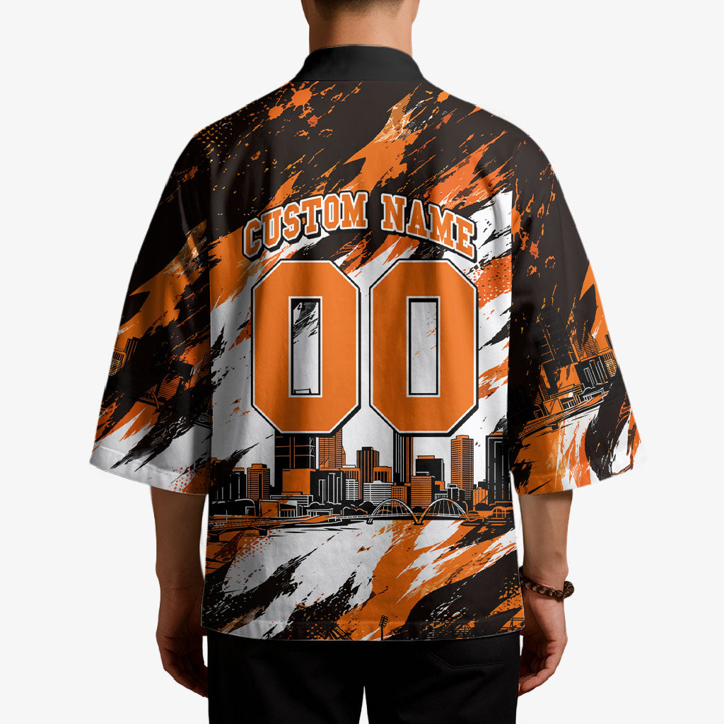 Personalised Perth Scorchers Cricket Fan Pride Kimono Dynamic Flaming Dragon Art With Perth City Skyline