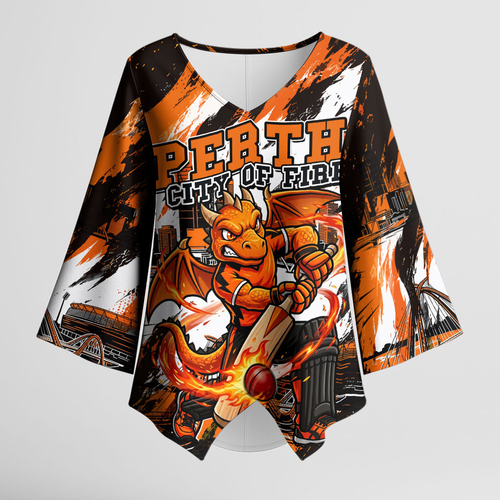 Personalised Perth Scorchers Cricket Fan Pride Kimono Sleeve Blouse Dynamic Flaming Dragon Art With Perth City Skyline