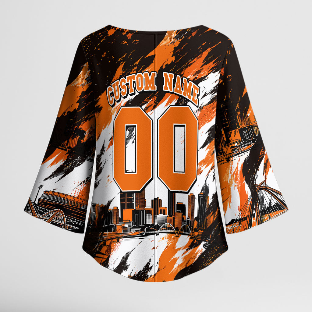 Personalised Perth Scorchers Cricket Fan Pride Kimono Sleeve Blouse Dynamic Flaming Dragon Art With Perth City Skyline