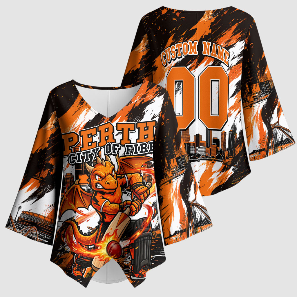 Personalised Perth Scorchers Cricket Fan Pride Kimono Sleeve Blouse Dynamic Flaming Dragon Art With Perth City Skyline