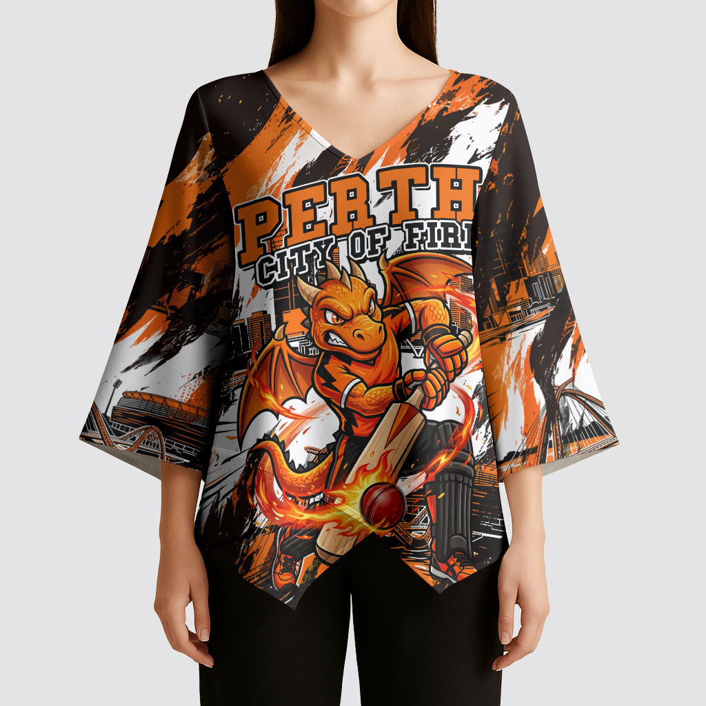 Personalised Perth Scorchers Cricket Fan Pride Kimono Sleeve Blouse Dynamic Flaming Dragon Art With Perth City Skyline