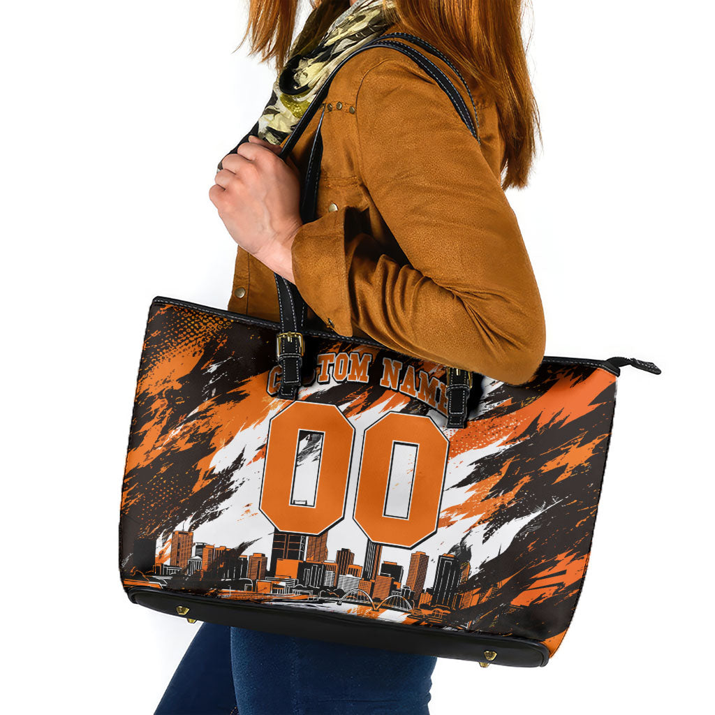Personalised Perth Scorchers Cricket Fan Pride Leather Tote Bag Dynamic Flaming Dragon Art With Perth City Skyline