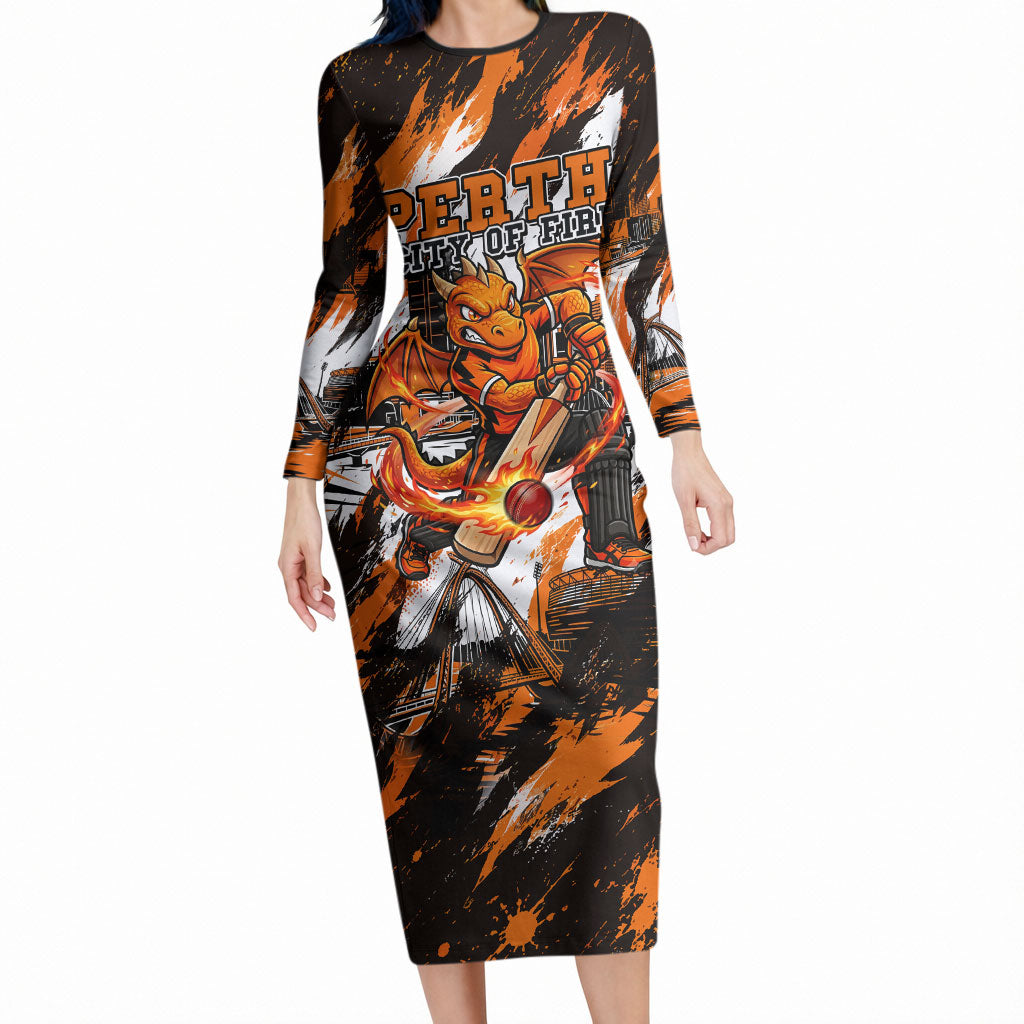 Personalised Perth Scorchers Cricket Fan Pride Long Sleeve Bodycon Dress Dynamic Flaming Dragon Art With Perth City Skyline