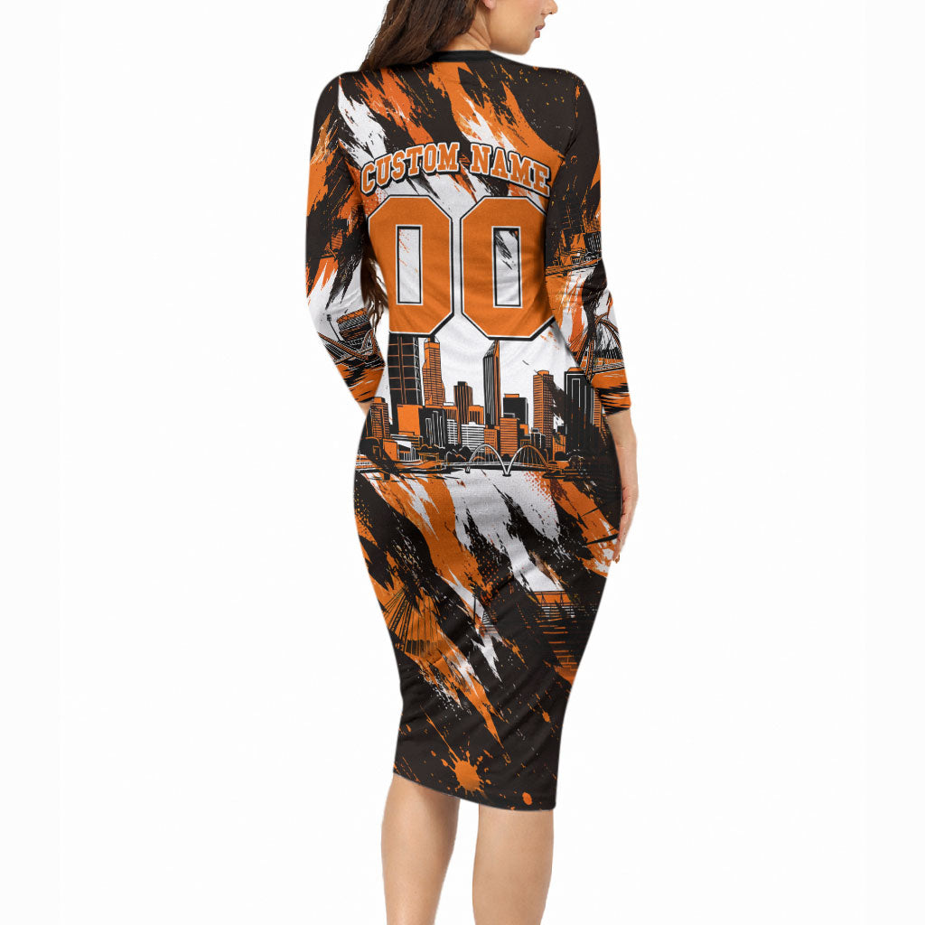 Personalised Perth Scorchers Cricket Fan Pride Long Sleeve Bodycon Dress Dynamic Flaming Dragon Art With Perth City Skyline