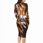 Personalised Perth Scorchers Cricket Fan Pride Long Sleeve Bodycon Dress Dynamic Flaming Dragon Art With Perth City Skyline