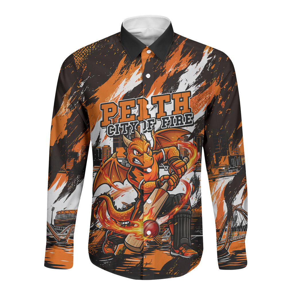 Personalised Perth Scorchers Cricket Fan Pride Long Sleeve Button Shirt Dynamic Flaming Dragon Art With Perth City Skyline
