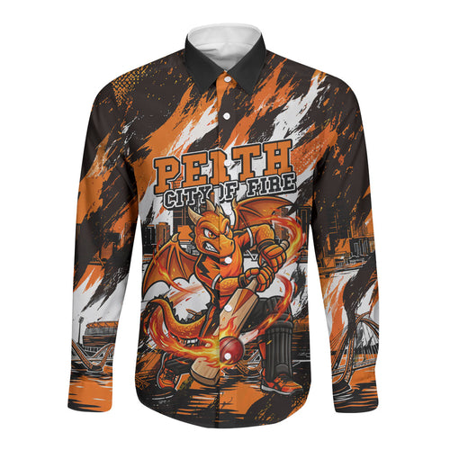 Personalised Perth Scorchers Cricket Fan Pride Long Sleeve Button Shirt Dynamic Flaming Dragon Art With Perth City Skyline