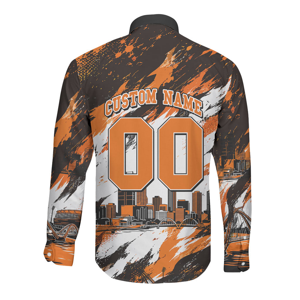 Personalised Perth Scorchers Cricket Fan Pride Long Sleeve Button Shirt Dynamic Flaming Dragon Art With Perth City Skyline