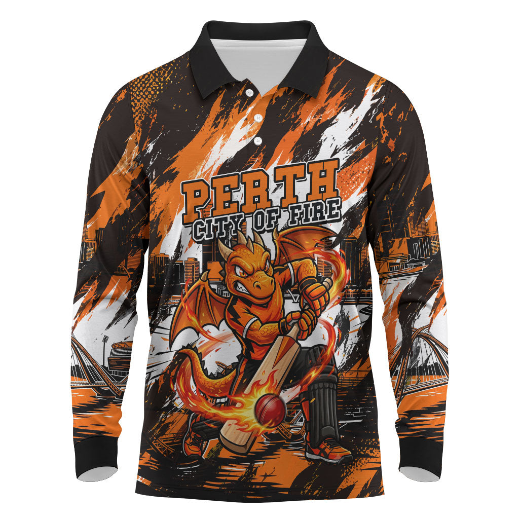 Personalised Perth Scorchers Cricket Fan Pride Long Sleeve Polo Shirt Dynamic Flaming Dragon Art With Perth City Skyline