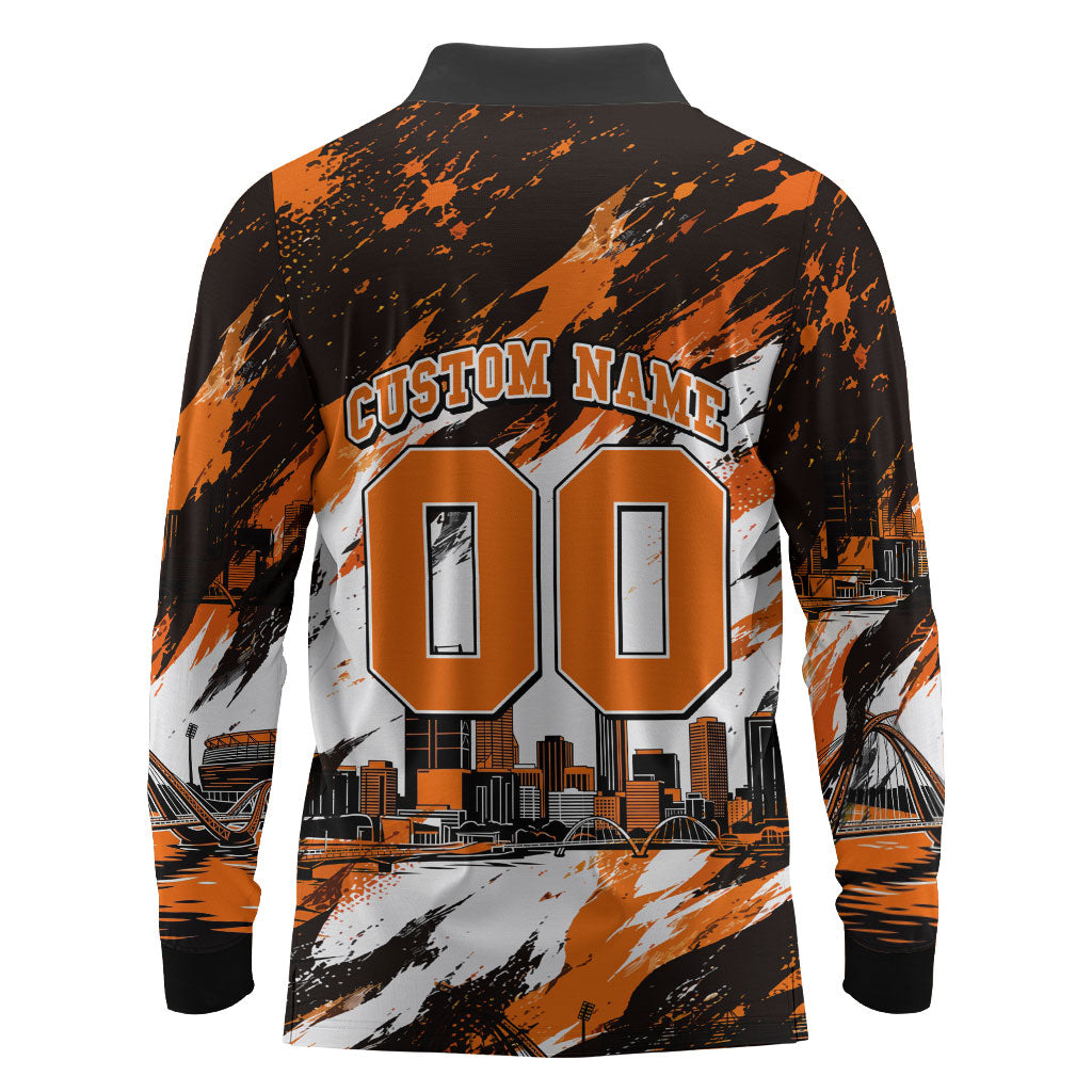 Personalised Perth Scorchers Cricket Fan Pride Long Sleeve Polo Shirt Dynamic Flaming Dragon Art With Perth City Skyline