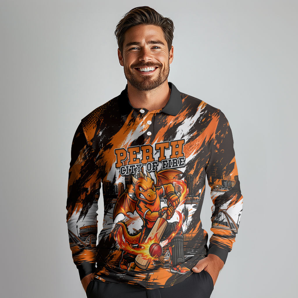 Personalised Perth Scorchers Cricket Fan Pride Long Sleeve Polo Shirt Dynamic Flaming Dragon Art With Perth City Skyline