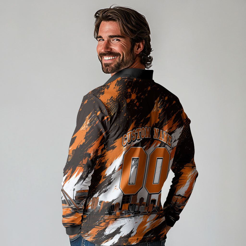 Personalised Perth Scorchers Cricket Fan Pride Long Sleeve Polo Shirt Dynamic Flaming Dragon Art With Perth City Skyline