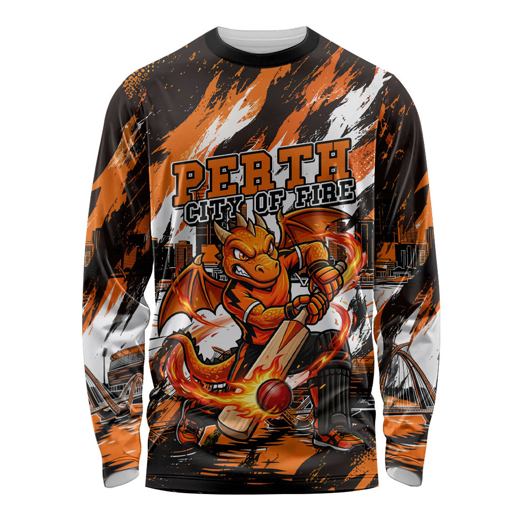 Personalised Perth Scorchers Cricket Fan Pride Long Sleeve Shirt Dynamic Flaming Dragon Art With Perth City Skyline