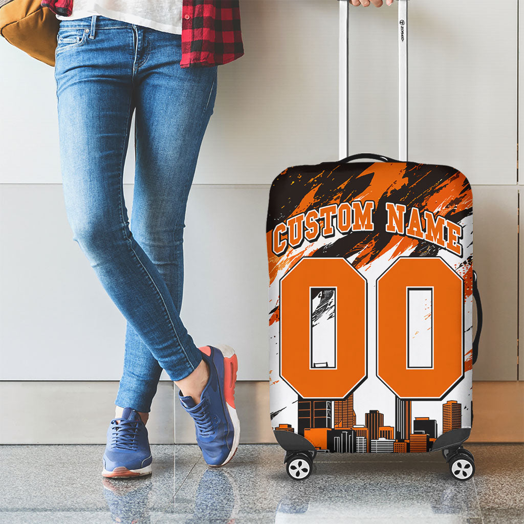 Personalised Perth Scorchers Cricket Fan Pride Luggage Cover Dynamic Flaming Dragon Art With Perth City Skyline