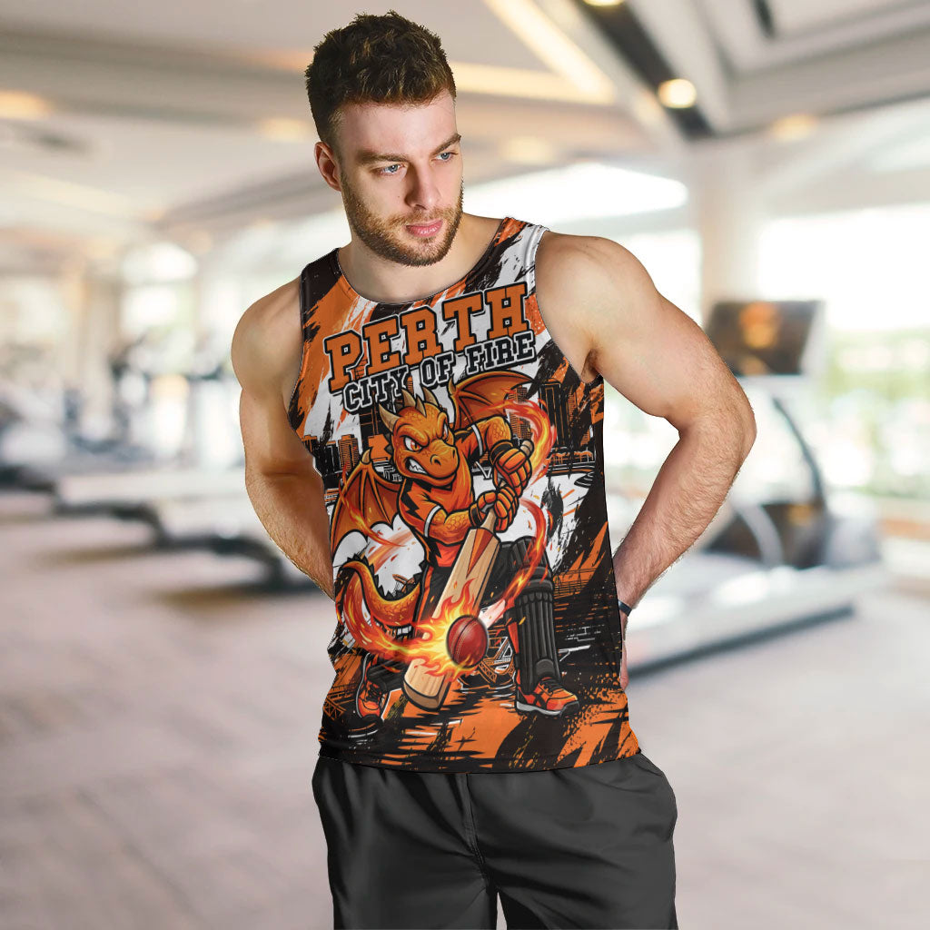 Personalised Perth Scorchers Cricket Fan Pride Men Tank Top Dynamic Flaming Dragon Art With Perth City Skyline