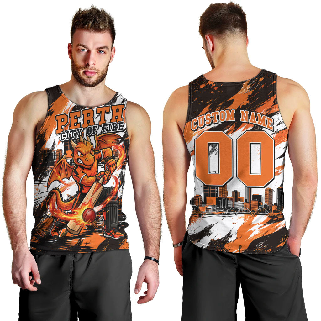 Personalised Perth Scorchers Cricket Fan Pride Men Tank Top Dynamic Flaming Dragon Art With Perth City Skyline