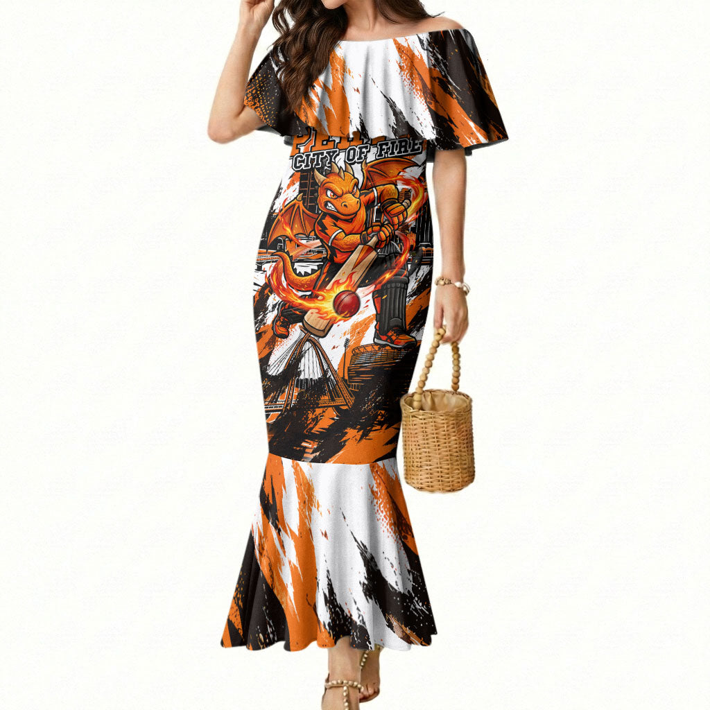 Personalised Perth Scorchers Cricket Fan Pride Mermaid Dress Dynamic Flaming Dragon Art With Perth City Skyline