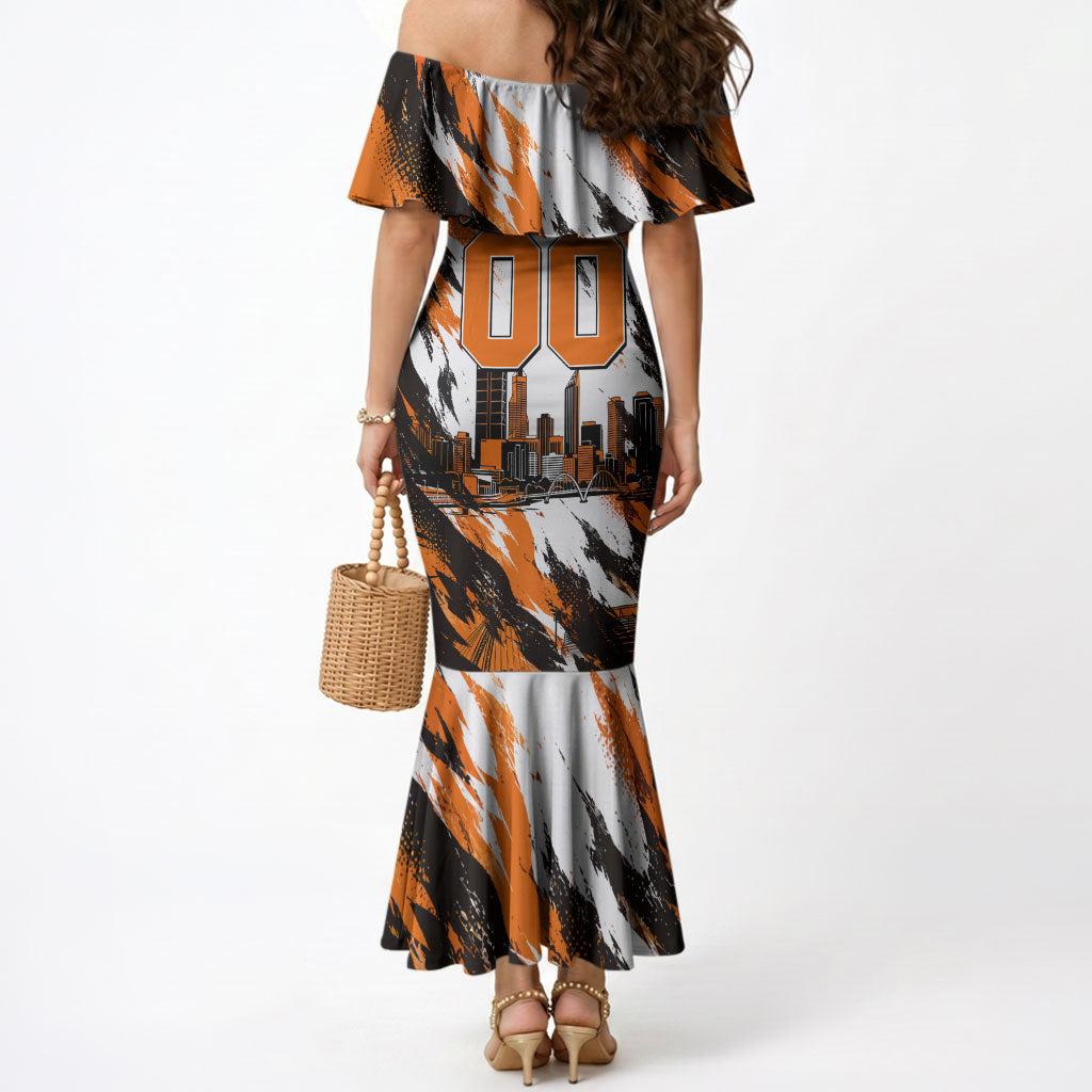 Personalised Perth Scorchers Cricket Fan Pride Mermaid Dress Dynamic Flaming Dragon Art With Perth City Skyline