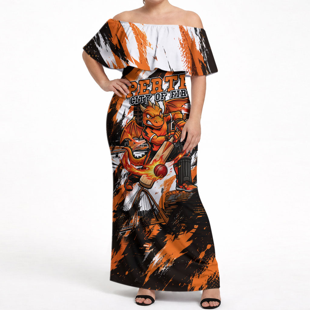 Personalised Perth Scorchers Cricket Fan Pride Off Shoulder Maxi Dress Dynamic Flaming Dragon Art With Perth City Skyline