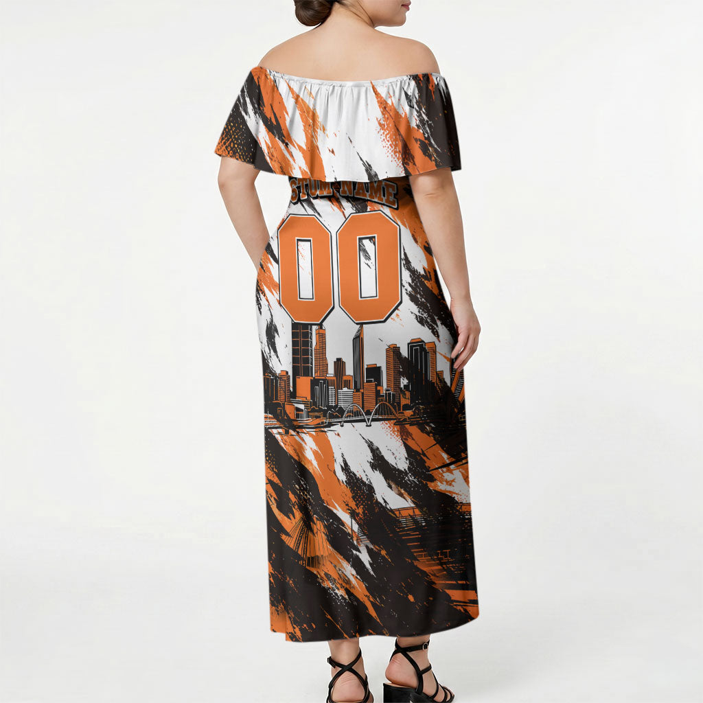 Personalised Perth Scorchers Cricket Fan Pride Off Shoulder Maxi Dress Dynamic Flaming Dragon Art With Perth City Skyline