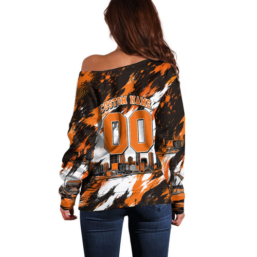 Personalised Perth Scorchers Cricket Fan Pride Off Shoulder Sweater Dynamic Flaming Dragon Art With Perth City Skyline
