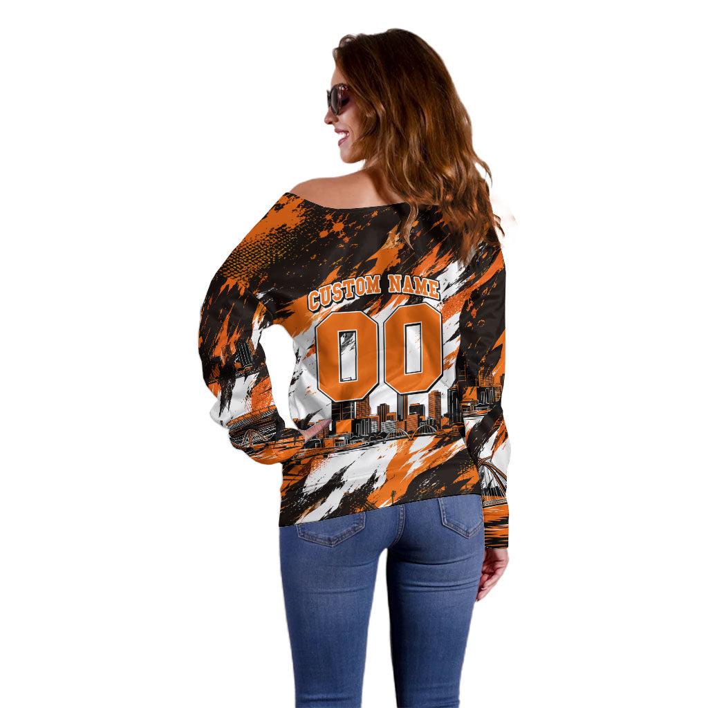 Personalised Perth Scorchers Cricket Fan Pride Off Shoulder Sweater Dynamic Flaming Dragon Art With Perth City Skyline