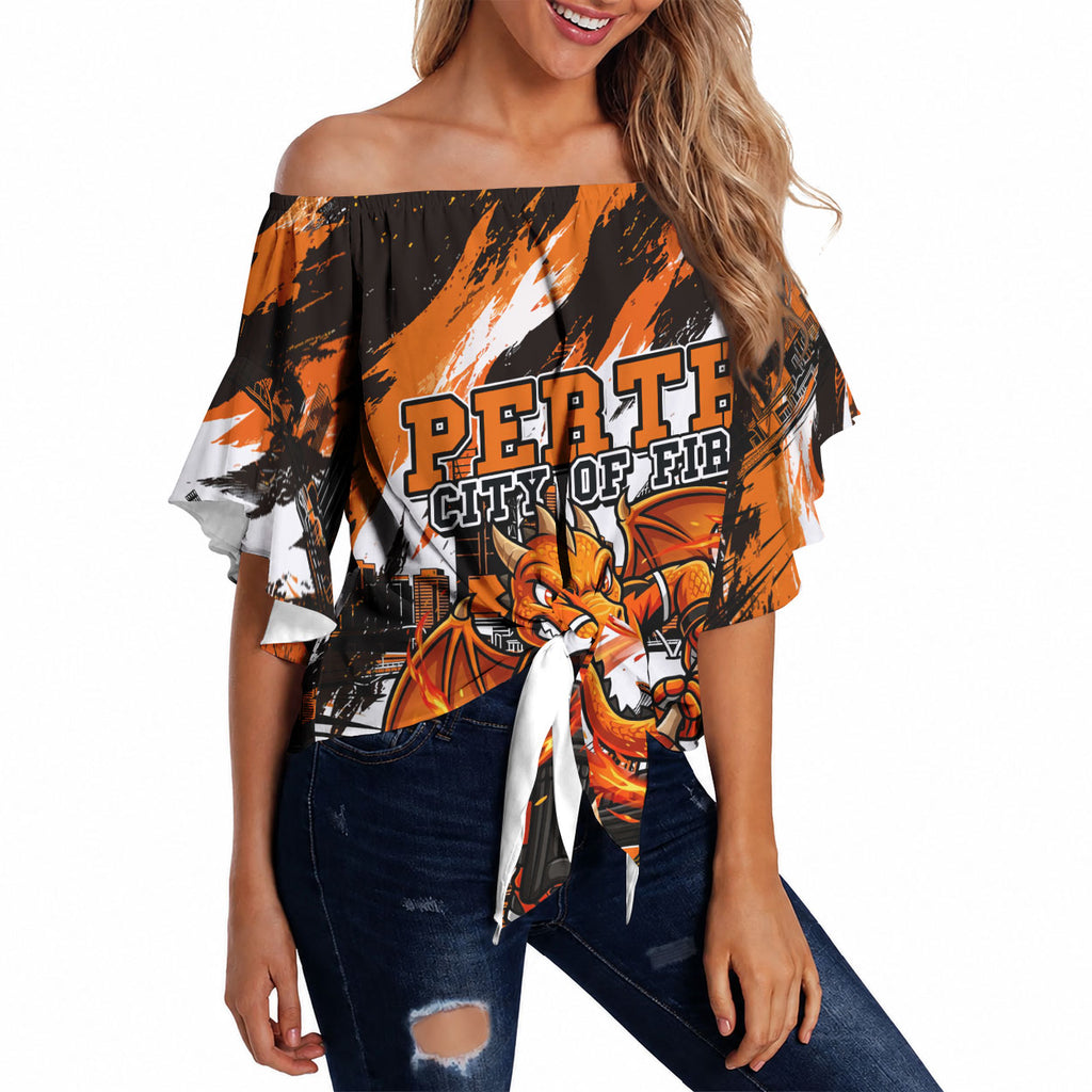 Personalised Perth Scorchers Cricket Fan Pride Off Shoulder Wrap Waist Top Dynamic Flaming Dragon Art With Perth City Skyline
