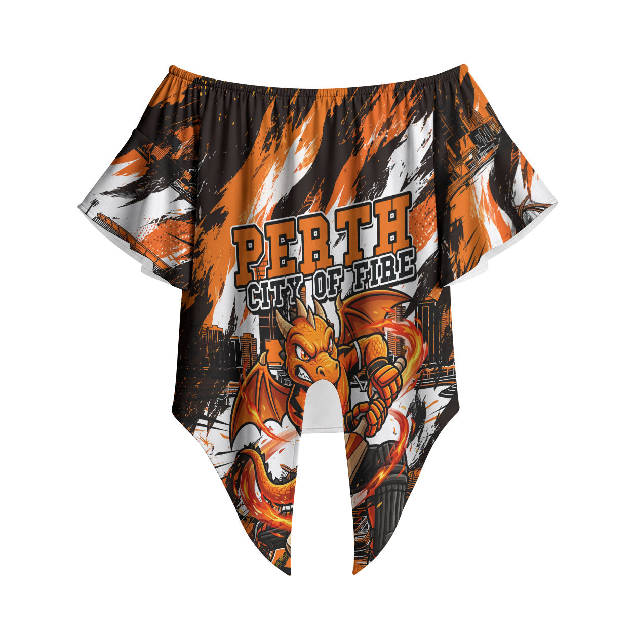 Personalised Perth Scorchers Cricket Fan Pride Off Shoulder Wrap Waist Top Dynamic Flaming Dragon Art With Perth City Skyline