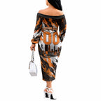 Personalised Perth Scorchers Cricket Fan Pride Off The Shoulder Long Sleeve Dress Dynamic Flaming Dragon Art With Perth City Skyline
