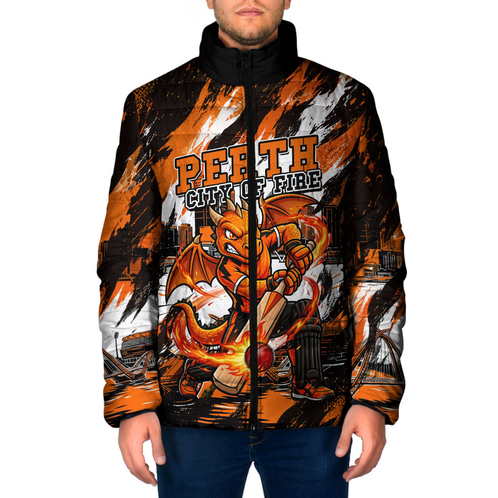Personalised Perth Scorchers Cricket Fan Pride Padded Jacket Dynamic Flaming Dragon Art With Perth City Skyline