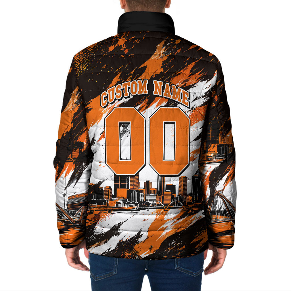 Personalised Perth Scorchers Cricket Fan Pride Padded Jacket Dynamic Flaming Dragon Art With Perth City Skyline