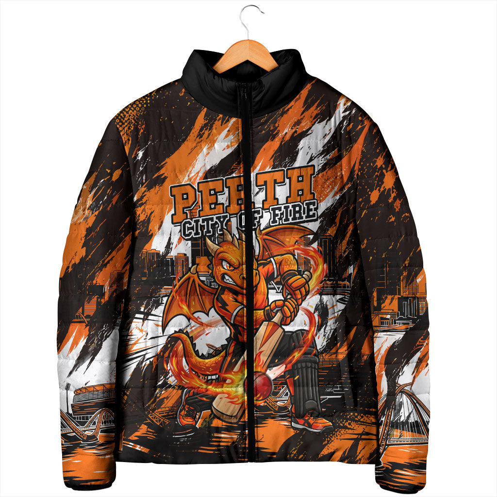 Personalised Perth Scorchers Cricket Fan Pride Padded Jacket Dynamic Flaming Dragon Art With Perth City Skyline