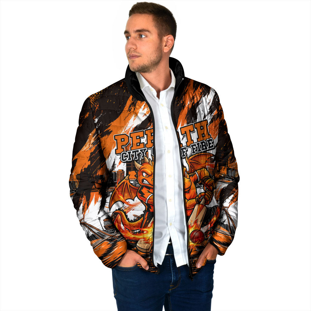Personalised Perth Scorchers Cricket Fan Pride Padded Jacket Dynamic Flaming Dragon Art With Perth City Skyline