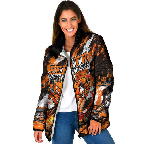Personalised Perth Scorchers Cricket Fan Pride Padded Jacket Dynamic Flaming Dragon Art With Perth City Skyline