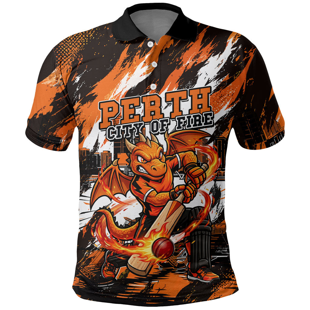 Personalised Perth Scorchers Cricket Fan Pride Polo Shirt Dynamic Flaming Dragon Art With Perth City Skyline