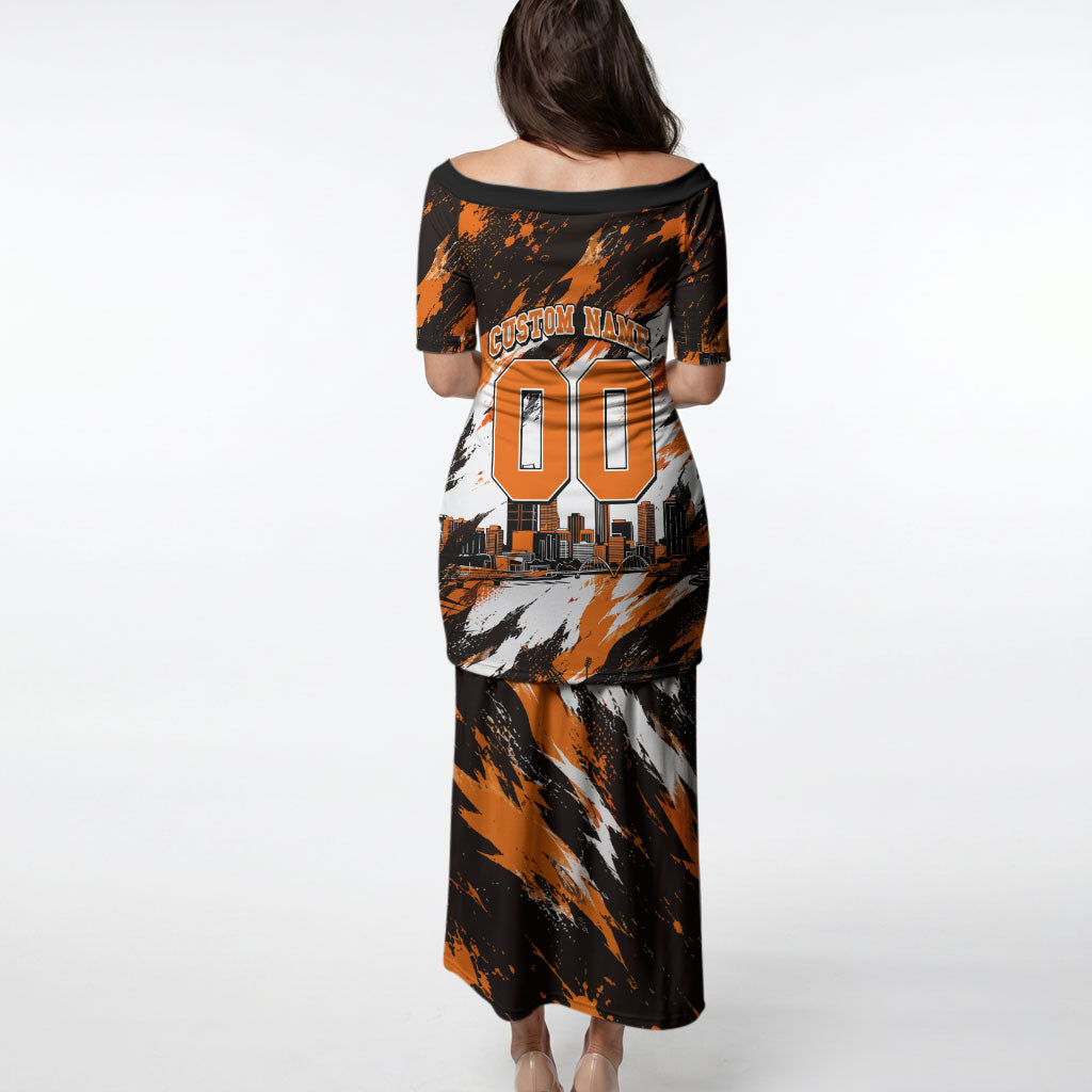 Personalised Perth Scorchers Cricket Fan Pride Puletasi Dynamic Flaming Dragon Art With Perth City Skyline