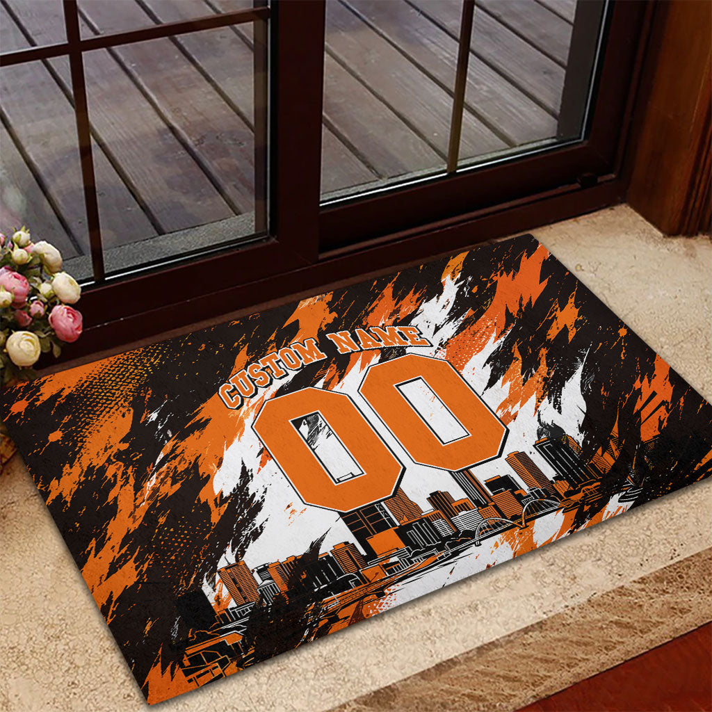 Personalised Perth Scorchers Cricket Fan Pride Rubber Doormat Dynamic Flaming Dragon Art With Perth City Skyline
