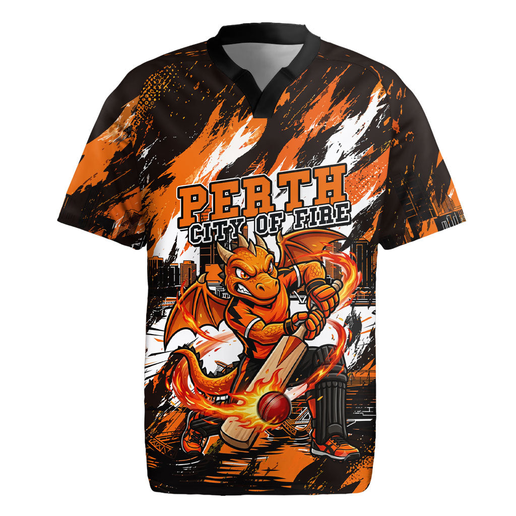 Personalised Perth Scorchers Cricket Fan Pride Rugby Jersey Dynamic Flaming Dragon Art With Perth City Skyline