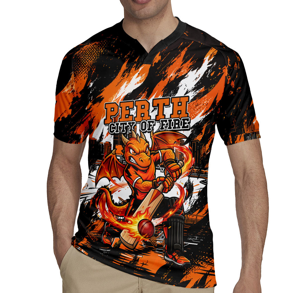 Personalised Perth Scorchers Cricket Fan Pride Rugby Jersey Dynamic Flaming Dragon Art With Perth City Skyline