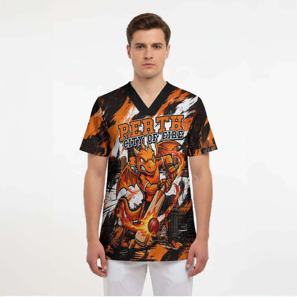 Personalised Perth Scorchers Cricket Fan Pride Scrub Top Dynamic Flaming Dragon Art With Perth City Skyline