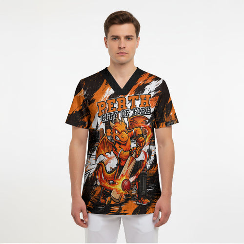Personalised Perth Scorchers Cricket Fan Pride Scrub Top Dynamic Flaming Dragon Art With Perth City Skyline
