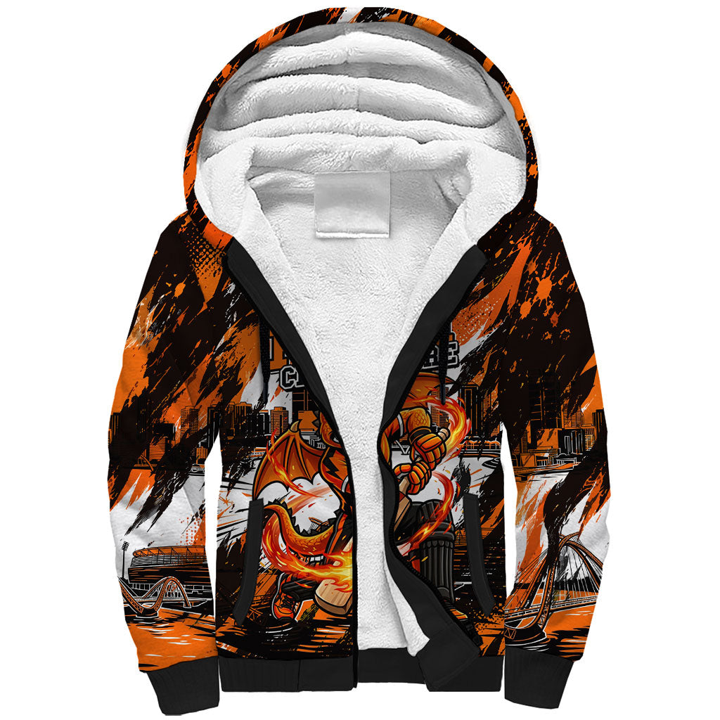 Personalised Perth Scorchers Cricket Fan Pride Sherpa Hoodie Dynamic Flaming Dragon Art With Perth City Skyline
